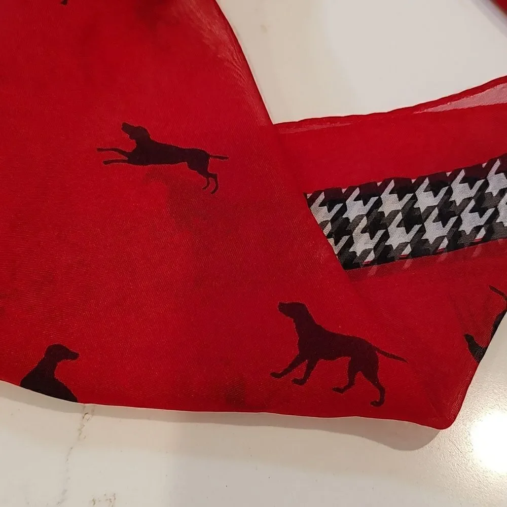 Liz Claiborne Square Novelty Dog Print Red Scarf with Herringbone Trim